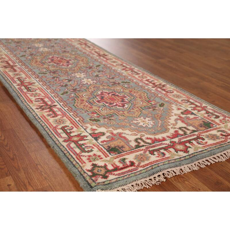 Geometric Heriz Serapi Indian Runner Rug Hand-Knotted Wool Carpet - 2'7" x 10'1" - Blue - 2'7" x 10'1"