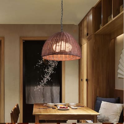 1-Light Rattan Dome Pendant light with Bulbs Included - Walnut