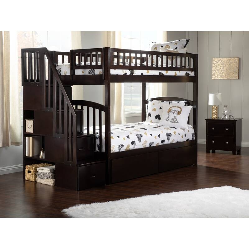AFI Westbrook Twin over Twin Size Staircase Bunk Bed with Bed Drawers & Charging Station in Espresso - Espresso - Twin