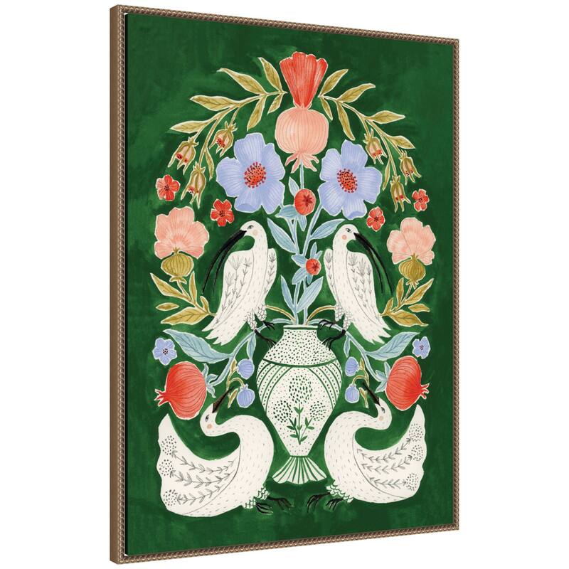 Kate and Laurel Floral Folklore Ibises and Swan by Jill Labieniec Framed Canvas Wall Art Print - 28 x 38 - Gold