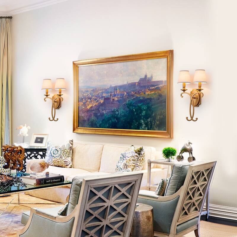 2-Light Antique Gold Metal Wall Sconce Cone Linen Fabric Shades