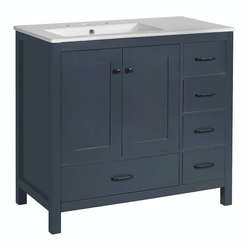 36" White Bathroom Vanity with Ceramic Sink Combo, Ample Storage Cabinet - 2 Soft-Close Doors and 5 Drawers