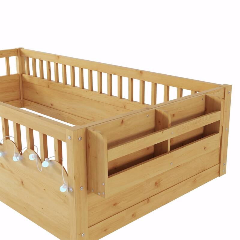 Floor Bed Frame with High Rails, Wooden Kids Floor Bed with Light and Storage Shelf