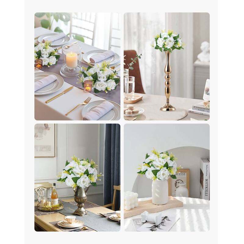 White Silk Rose Flower Balls Set of 10 with Base for Wedding Centerpieces - 9.4 x 9.4 x 4.7 inch