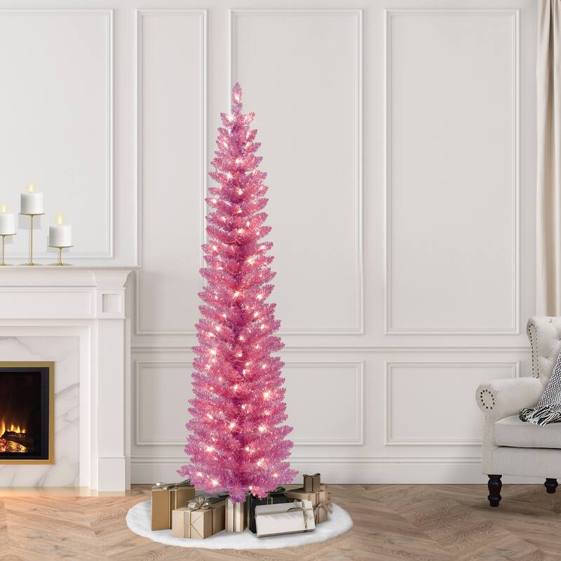 Puleo International 6 ft. Pre-Lit Pink Tinsel Artificial Tree