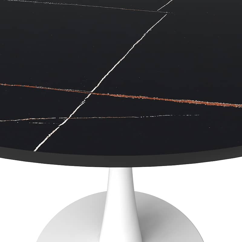 Bristol Round Dining Table for 4, 35" Sintered Stone Tabletop with White Stainless Steel Pedestal Base