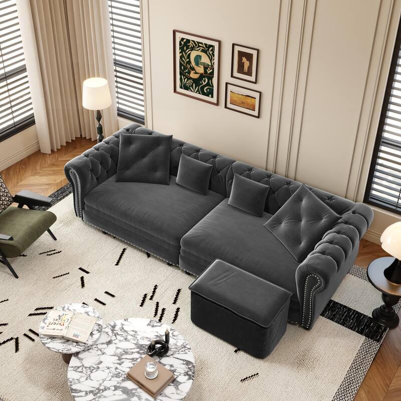 3-in-1 Convertible Pull-Out Sofa Bed w/ Movable Ottoman & 4 Pillows, Velvet Upholstered Rolled Arms Sleeper Couch for Apartment