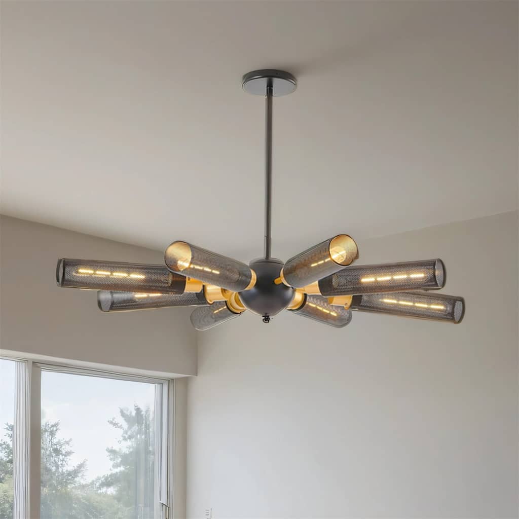 8-Light Black & Gold Starburst Chandelier - Industrial Metal Mesh