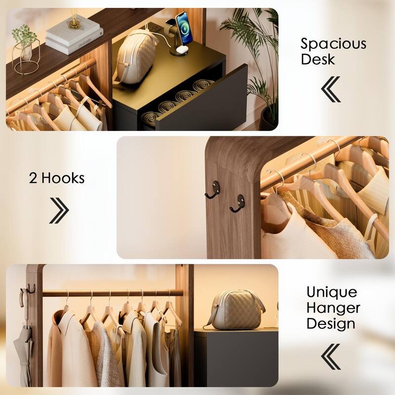 Dresser for Bedroom with Hanging Closet, 3 Drawers Dresser with LED Lights & Charging Station