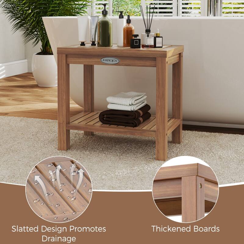 Gymax 19 Inch Teak Wood Shower Bench Inside Shower Stool w/ Storage