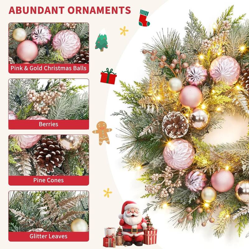 22" Lighted Pink Christmas Wreath for Front Door with Balls Pine Cones & Berries - N/A