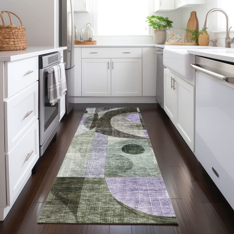 Machine Washable Indoor/ Outdoor Contemporary Geo Chantille Rug - Olive - 2'3" x 7'6"