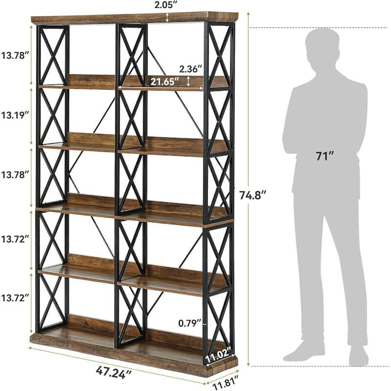 75" Tall Industrial Bookshelf, 6-Tier Wide Wooden Bookcase with 12 Shelves - 47.2" W x 11.8" D x 75" H