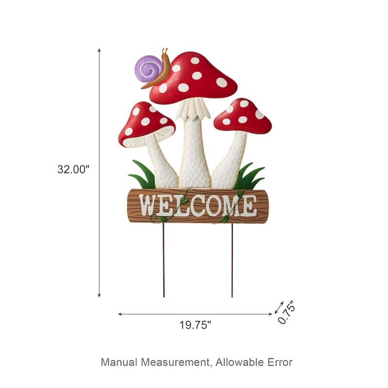 Glitzhome Metal/Wood Frog Stacked Mushroom Welcome Sign Yard Stakes Garden Wall Decor