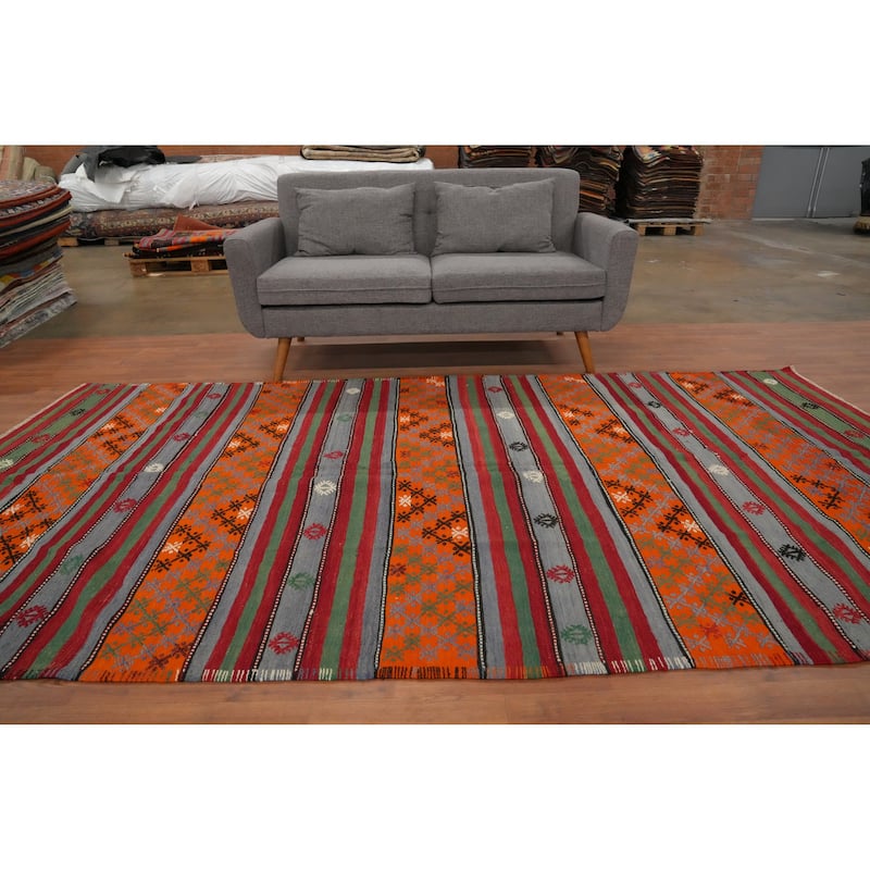 Hand Woven Oriental 100% Wool Carpet Southwestern Tribal Multi-Colored Kilim Area Rug - 10' 5'' X 5' 6''