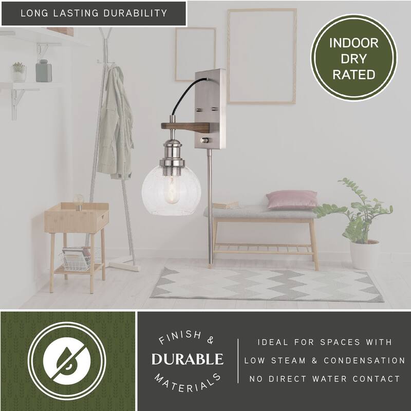 Avondale 6-in Satin Nickel and Wood Farmhouse Plug In Wall Sconce Reading Light, Clear Seed Glass Globe, On/Off Switch