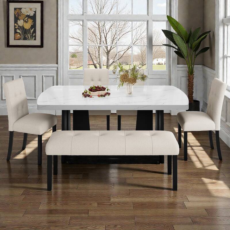 6-Piece Modern Dining Set with 63" Faux Marble Table, Geometric Legs, 4 Upholstered Chairs & Bench for Kitchen Dining Room
