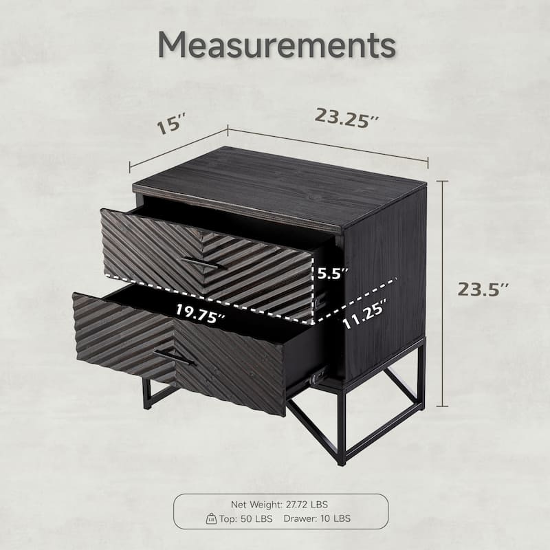 COZAYH Modern 2-Drawer Nightstand, Contemporary Line Accent End Side Table with Black Metal Base for Bedroom, Living Room