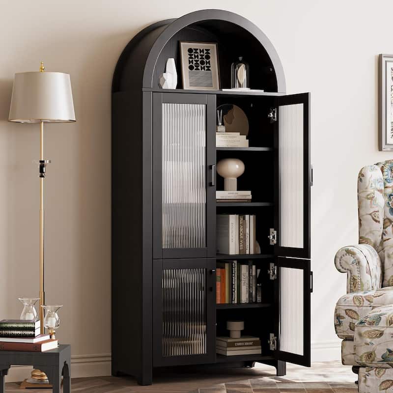71" Tall Arched Cabinet with Glass Doors, Modern Farmhouse Arched Bookcase Storage with Shelves, Pantry Cabinet