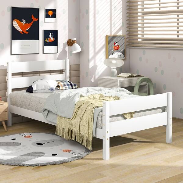 slide 2 of 5, Classic Simple Wooden Platform Bed Frame Twin Size Platform Bed Frame with Headboard and Footboard for Kids, Teens, White Twin - Twin White