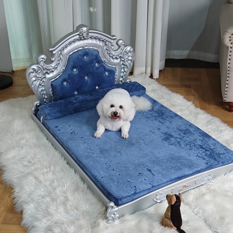 Silver Baroque Soft Velvet Cover Dog Bed Pet Sofa Furniture With Tufted Headboard Diamonds Decor - Large - Blue