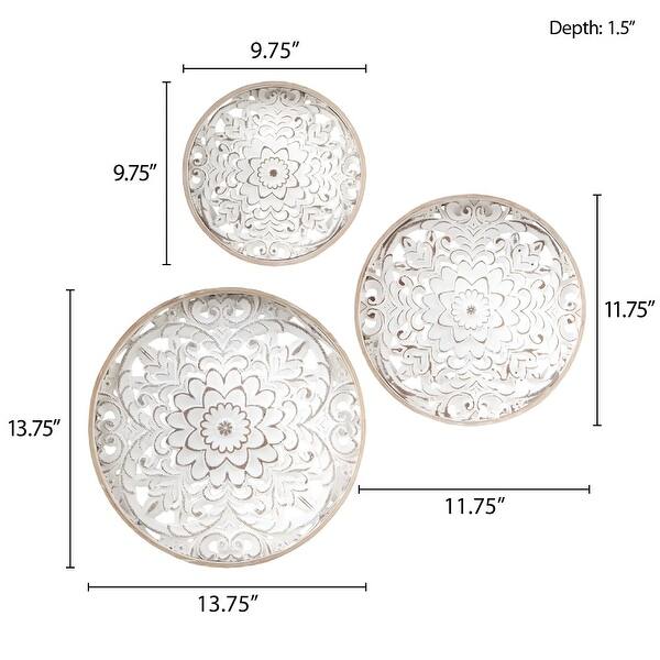3-Piece Round Natural Wood Wall Decor, Carved Floral Medallion Design - 11.75*11.75''