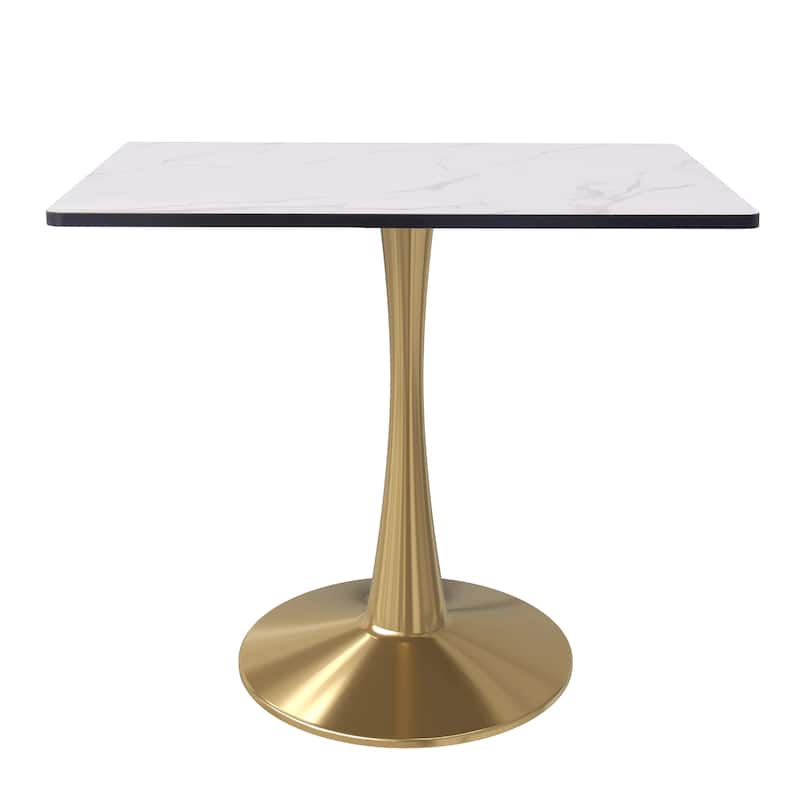 Bristol Square Marbled White MDF Wood Top and Gold Steel Pedestal Base Dining Table for Dining Rooms, Kitchens, and Restaurants