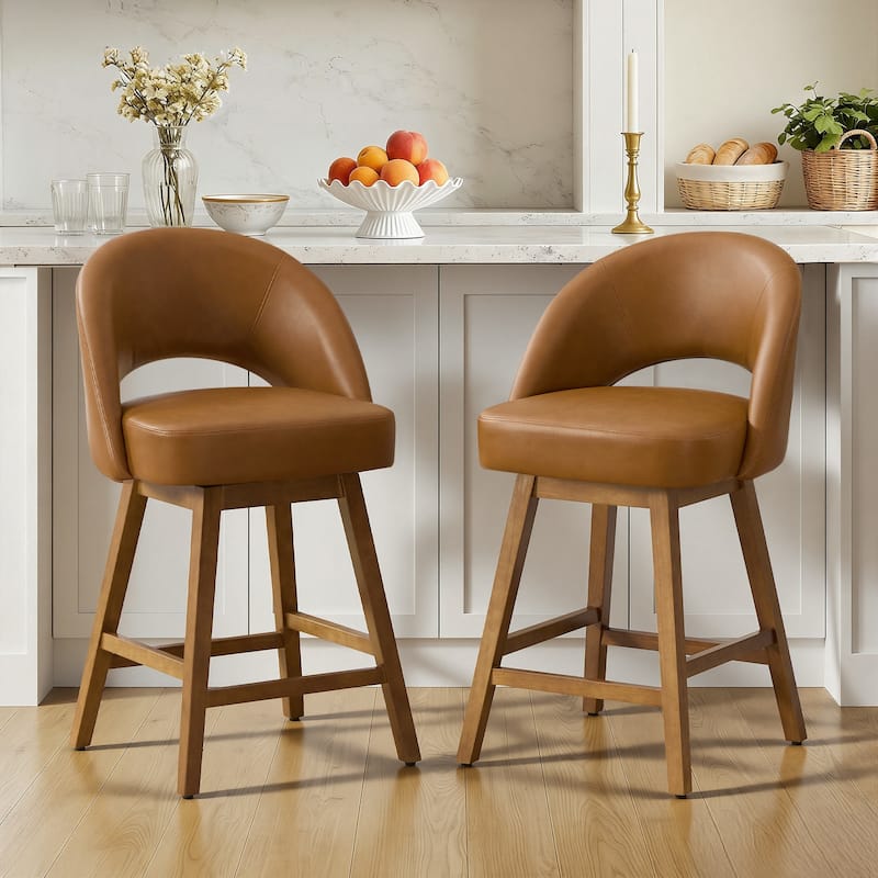 Upholstered Swivel Counter Height Bar Stools with Cutout Back and Solid Wood Frame - 38.2"H x 22.1"W x 23.6"D