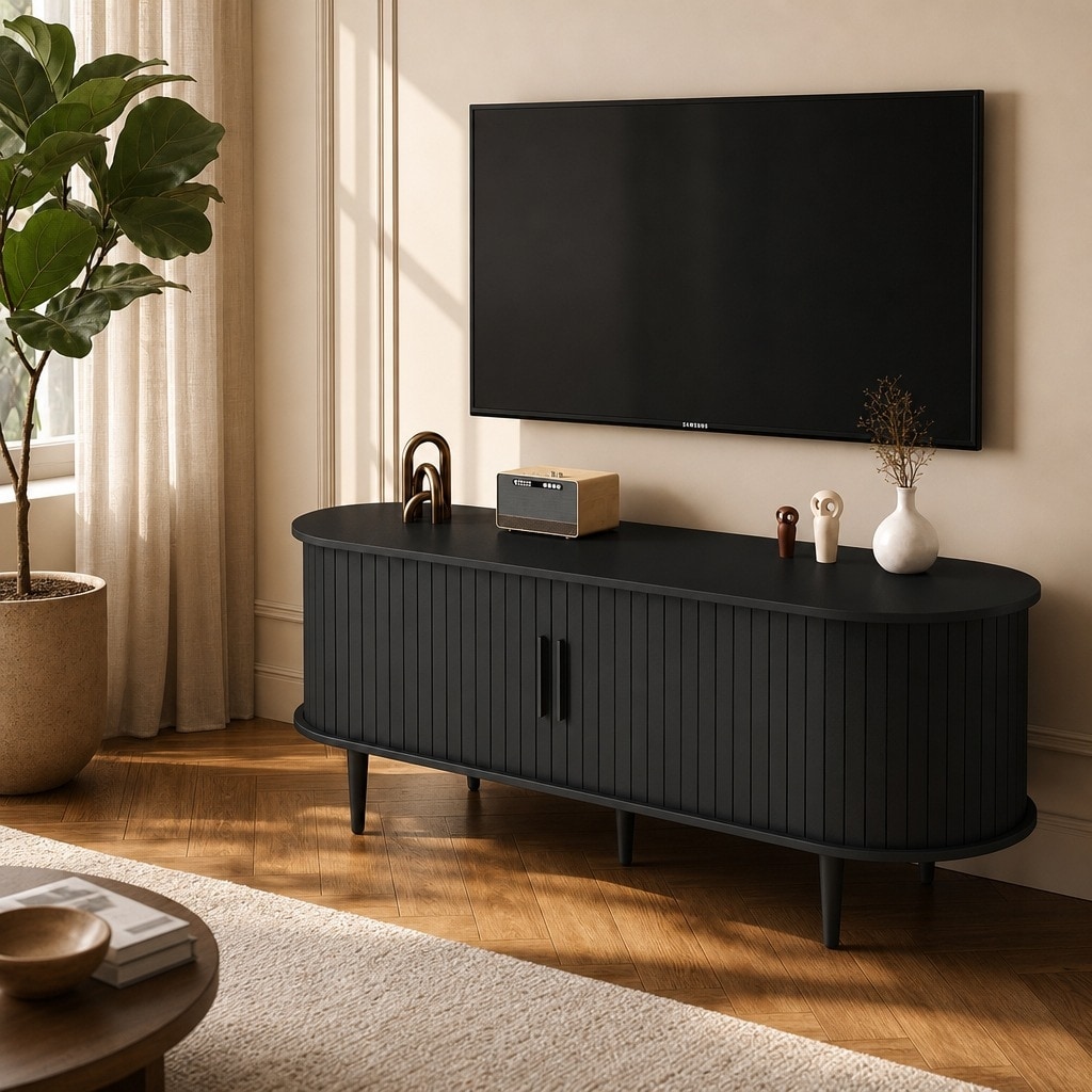 47" Mid Century TV Stand with Sliding Door, Wood Media Console Cabinet with Storage Compartments
