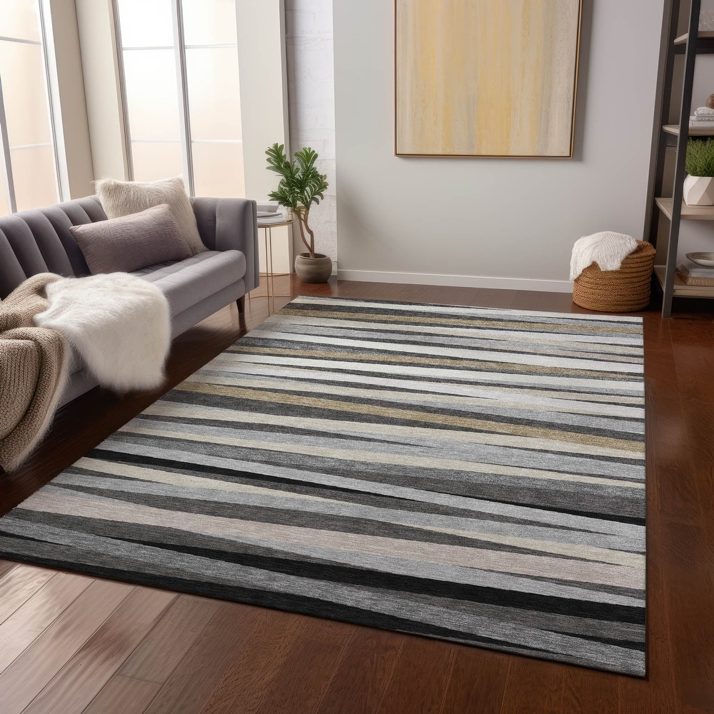 Machine Washable Indoor/ Outdoor Modern Stripes Chantille Rug