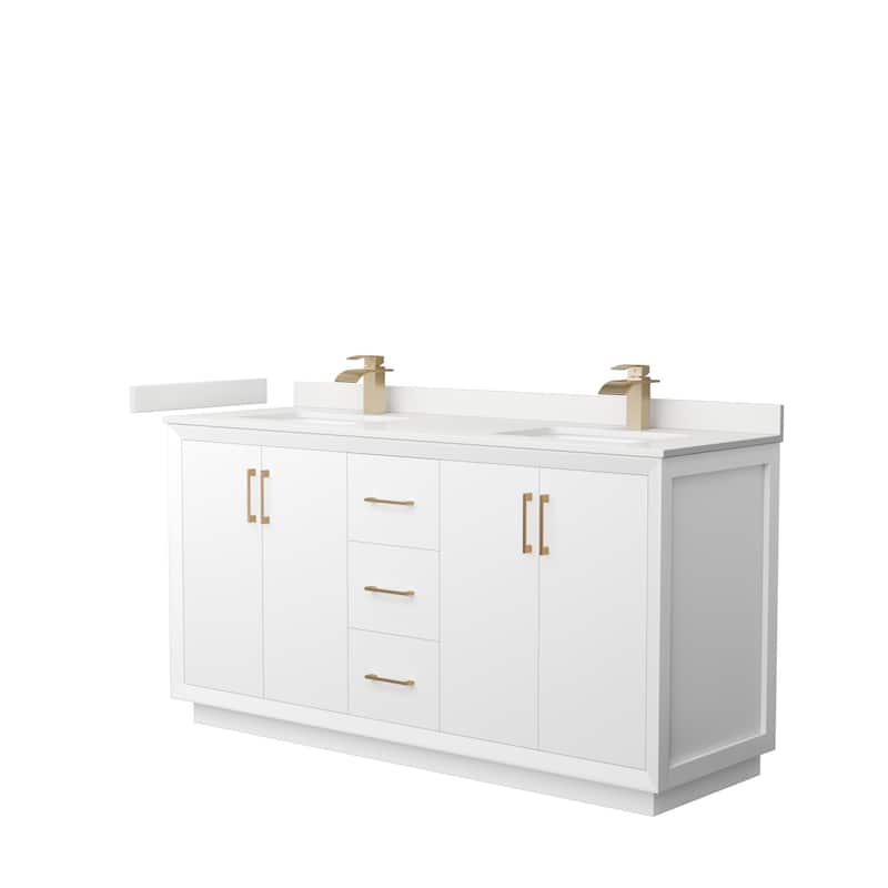 Strada 66-inch Double Vanity, Quartz Top - White, Bronze Trim, White Quartz Top