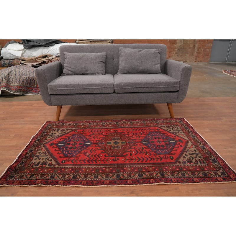Hand Knotted Oriental 100% Wool Carpet Traditional Geometric Red Hamedan Area Rug - 5' 3'' X 3' 4''