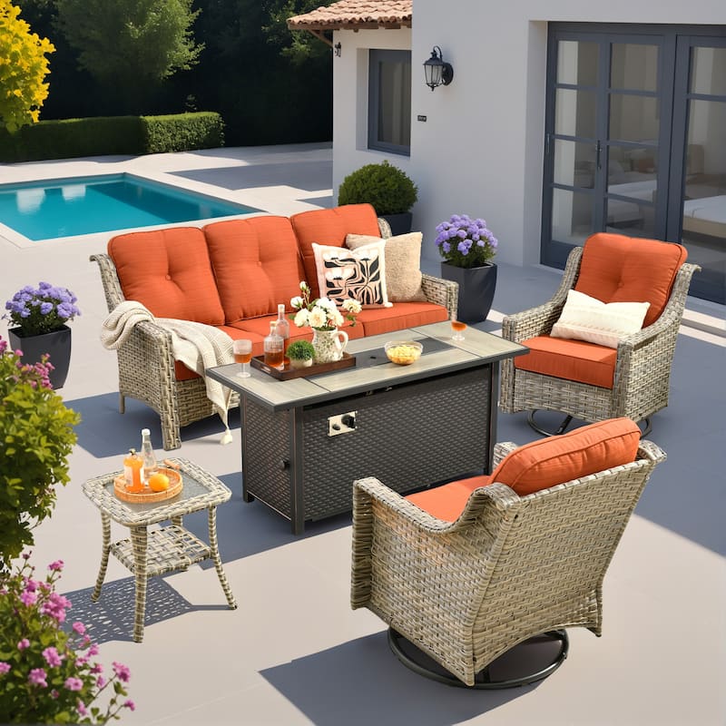 OVIOS 5 Pieces Outdoor Wicker Set with 54" Fire Table