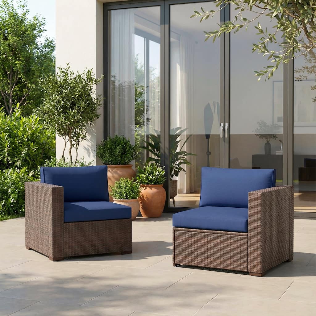 2-piece Outdoor Wicker Sectional Sofa Loveseat Set - Brown and Blue