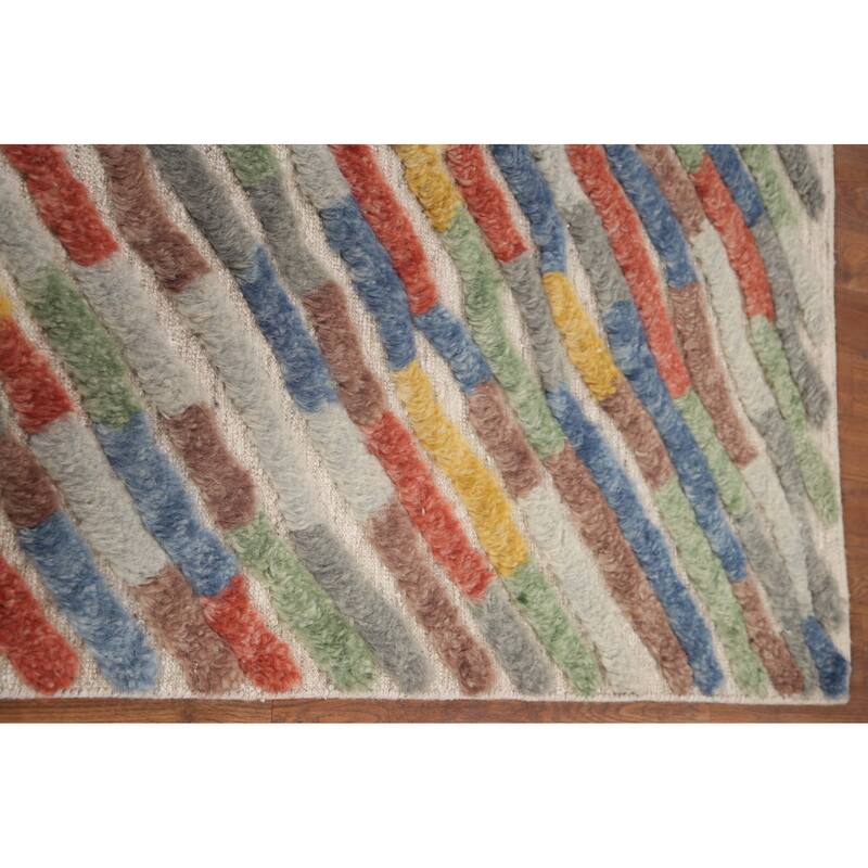 Hand Knotted Oriental 100% Wool Carpet Modern Stripe Multi-Colored Abstract Area Rug - 7' 9'' X 5' 8''