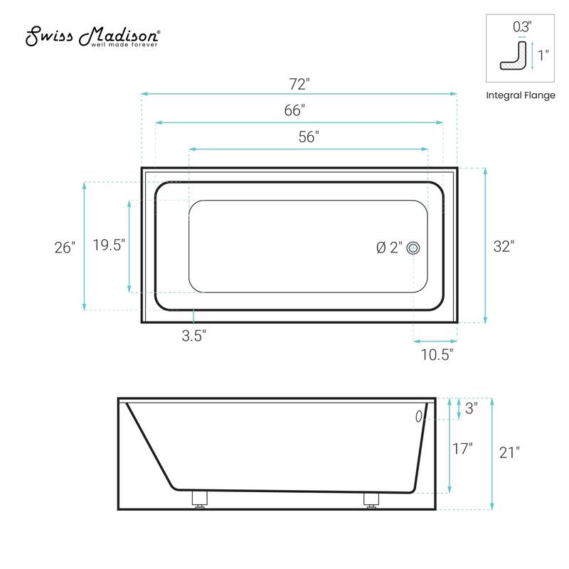 Voltaire 72 X 32 Skirted Right Drain Soaking Alcove Bathtub In Glossy White, Drain Included