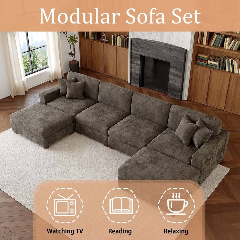 Oversized Chenille Modular Sectional Sofa Conversation Set with 2 Ottomans