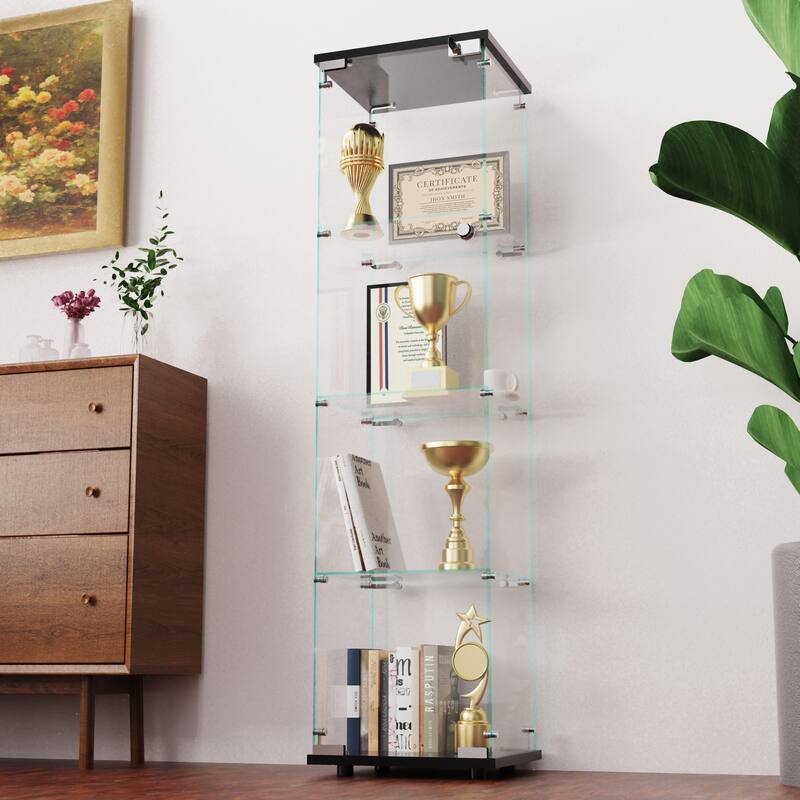 Glass Display Cabinet with Doors & Locks, Acrylic Shelves, Floor Standing Storage Showcase for Home or Office