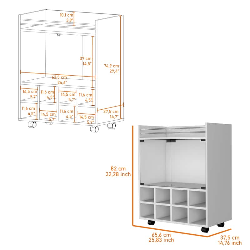 White 8-Bottle Rack Bar Cart