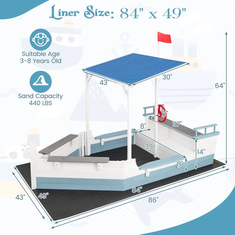 Costway Fir Wood Sandbox with Sloping Canopy Liner Multiple Seats - See Details