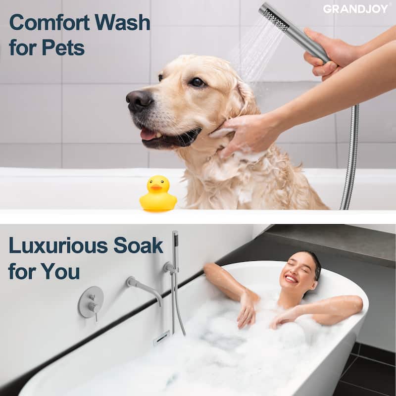GRANDJOY Wall Mounted Tub Shower Faucet Set with Rotating Bathtub Spout and Handheld Shower