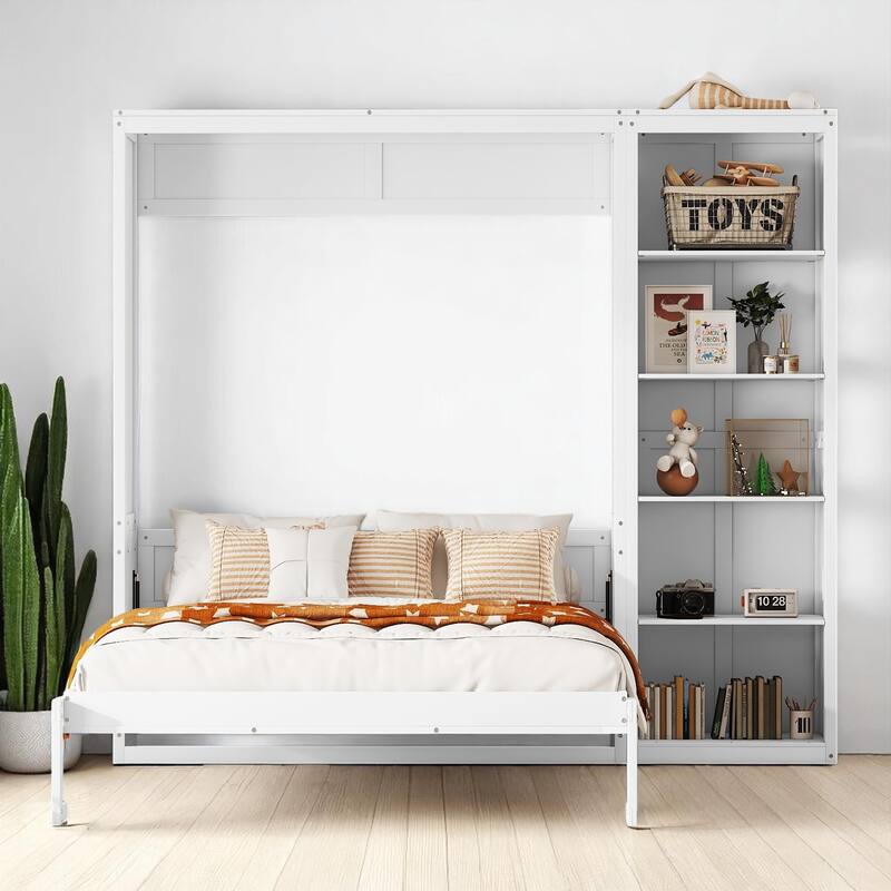 Full/Queen Size Murphy Wall Bed with Shelves, Foldable Cabinet Bed with Storage, Plywood MDF Frame