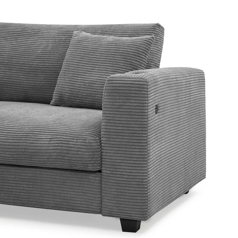 Spacious 4-Seater Corduroy Cloud Couch with Chaise, USB Charging Ports, and Cup Holders