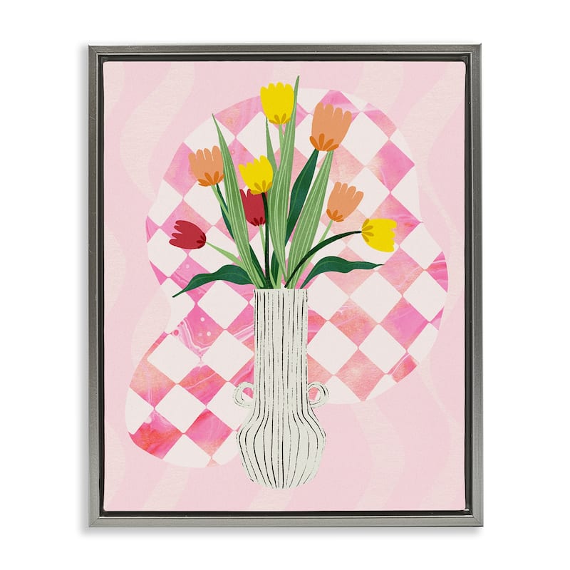 Stupell Yellow Tulip Vase on Checkered Framed Floater Canvas Wall Art Design By Ziwei Li - 25 x 31 - Grey