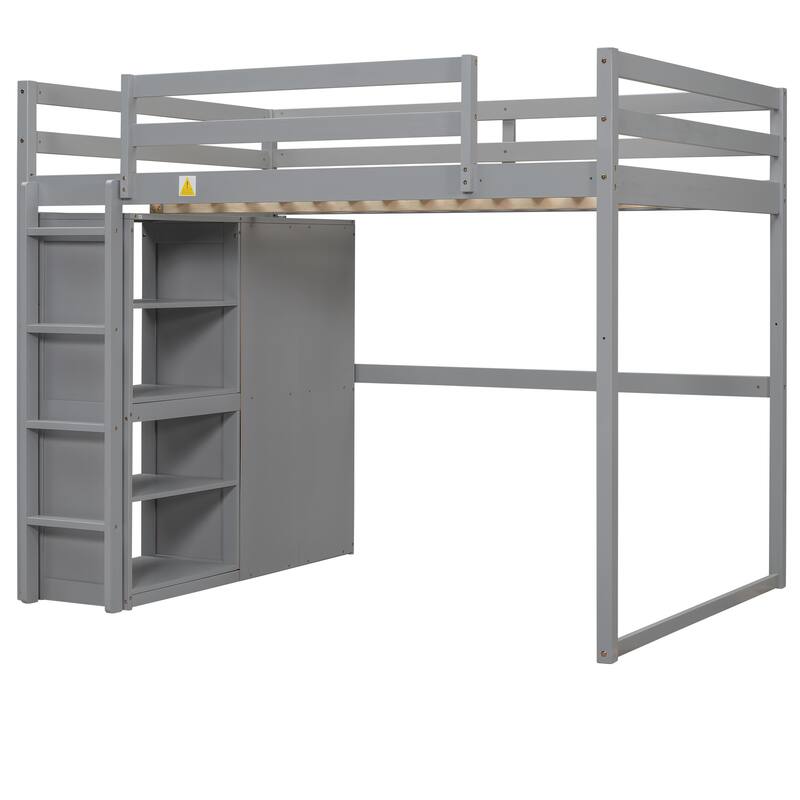 Full Size Loft Bed with Built-in Wardrobe, Storage Shelves & LED Lighting, Space-Saving Gray Wood Design