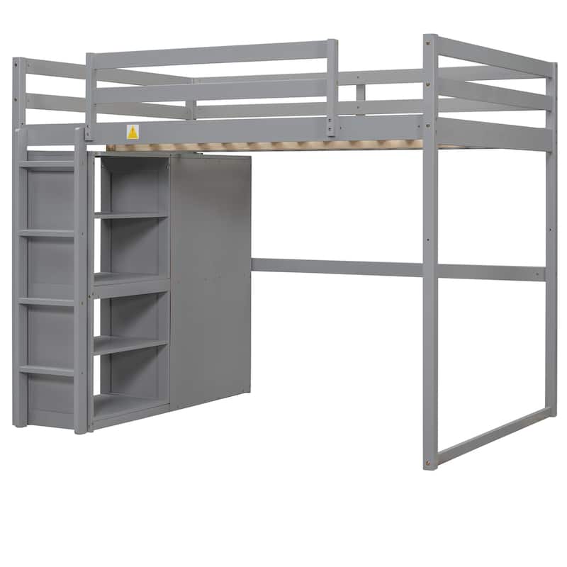 Wood Full Size Loft Bed with Built-in Wardrobe and Storage Shelves, Led light, Gray