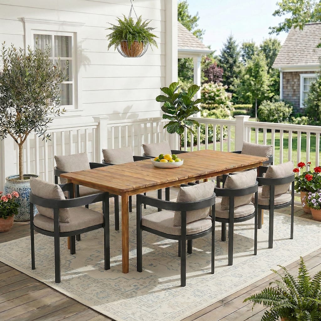 Christopher Knight Home - Solara Modern Outdoor Acacia Wood 9-Piece Dining Set with Cushioned Chairs