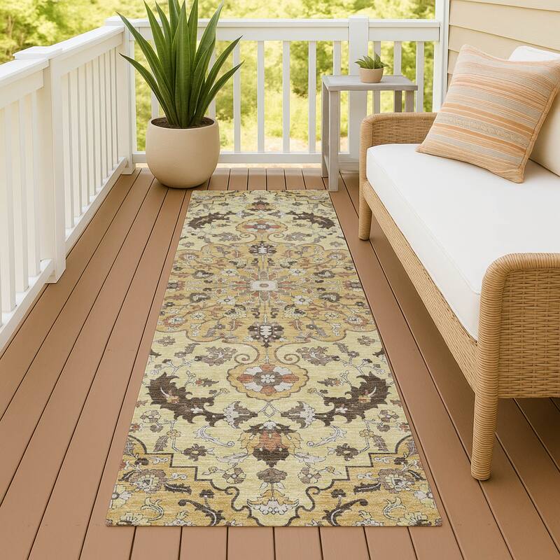 Machine Washable Indoor/ Outdoor Traditional Indore Chantille Rug - Gold - 2'3" x 7'6"
