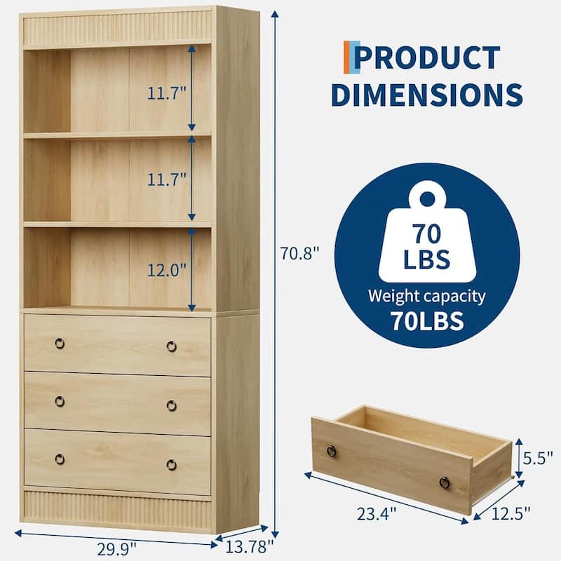 70.8 Inch 6 Tier Fluted Bookshelf Storage Drawers Bookcase for Living Room, Office, Bedroom