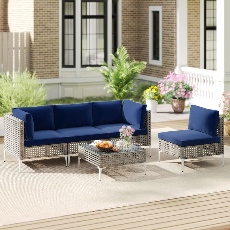 5-Piece Outdoor Patio Sofa Set with Navy Cushions and PE Rattan Sectional and Glass Coffee Table - 26" x 24" x 26"